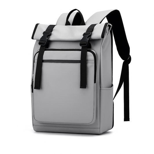 Gray backpack with black straps on a white background