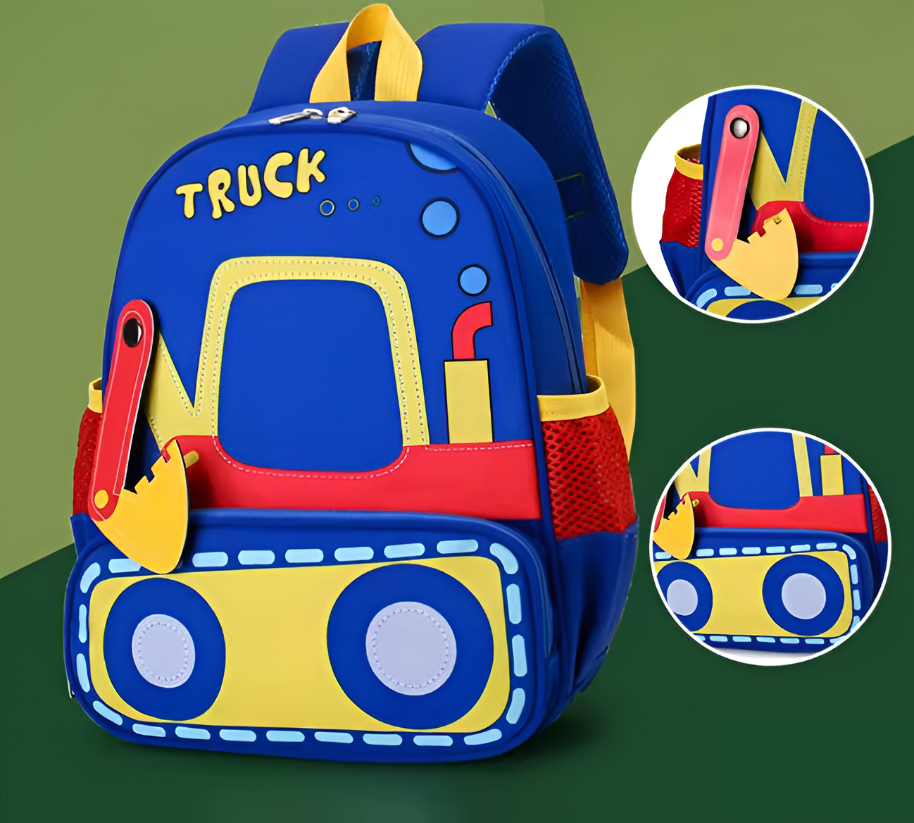 Colorful backpack designed like a truck with close-up details on a green background