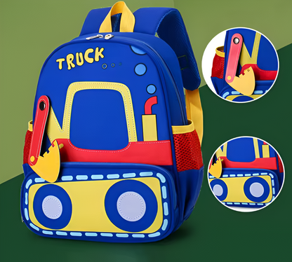 Colorful backpack designed like a truck with close-up details on a green background