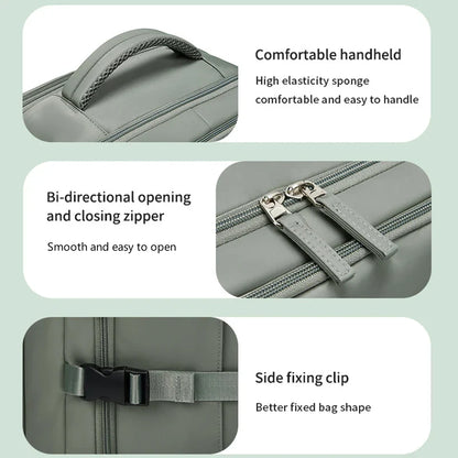 Gray bag with features highlighted on a light green background