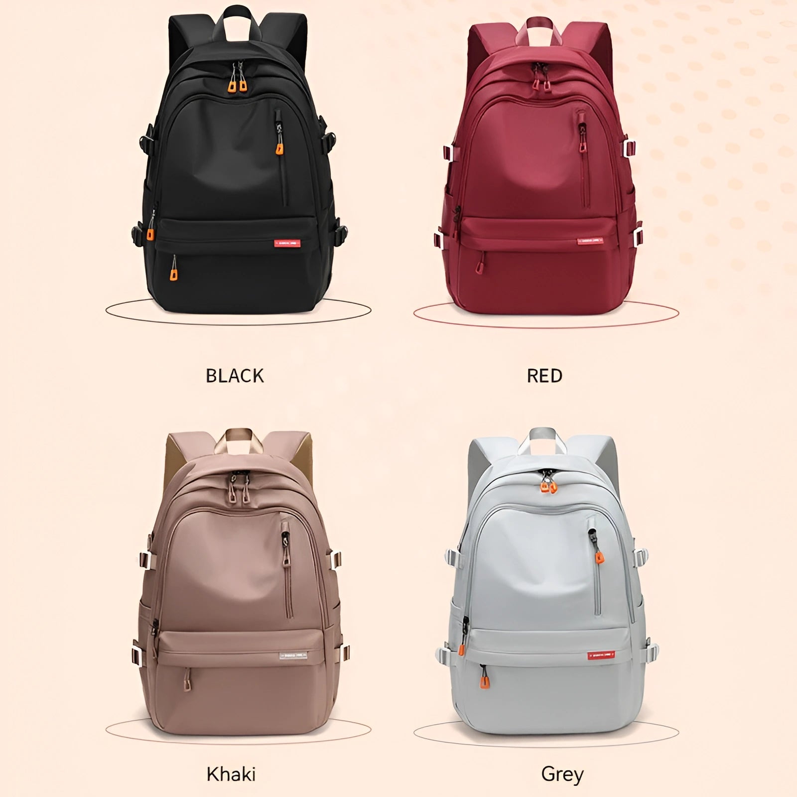 Four backpacks in black, red, khaki, and gray on a beige background