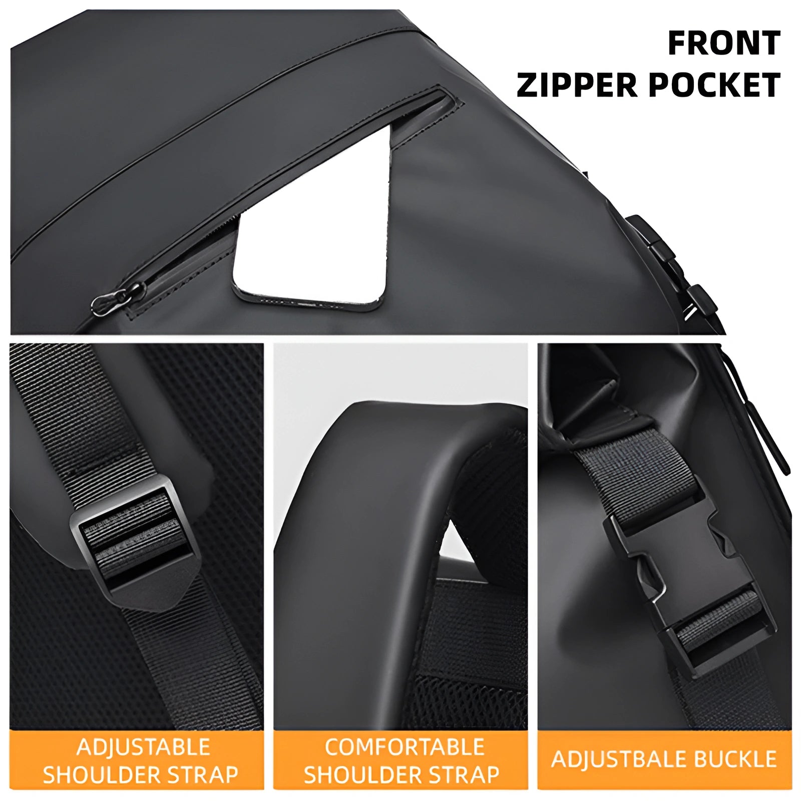 Black backpack with front zipper pocket, adjustable shoulder strap, and adjustable buckle on a white background.