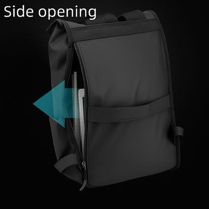 Black backpack with side opening feature highlighted on a black background