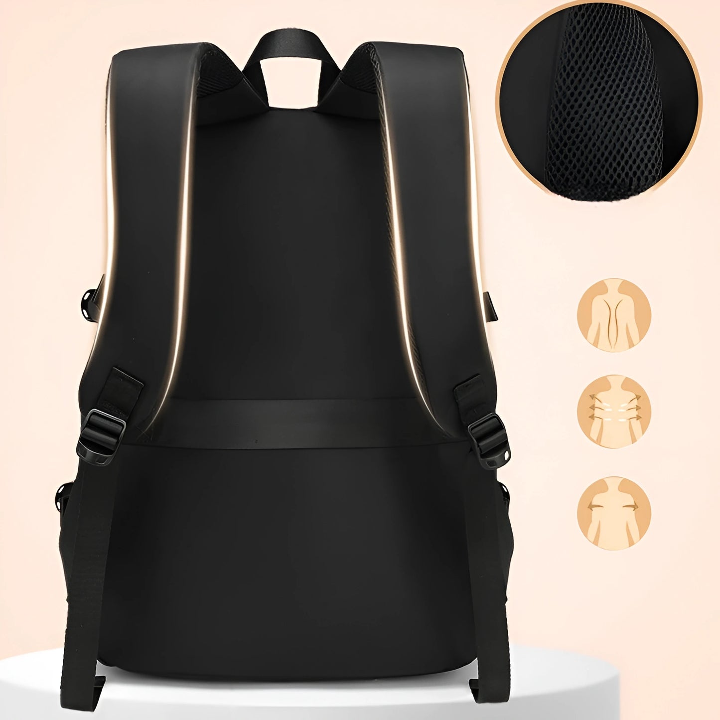 Black backpack with ergonomic design features on a beige background