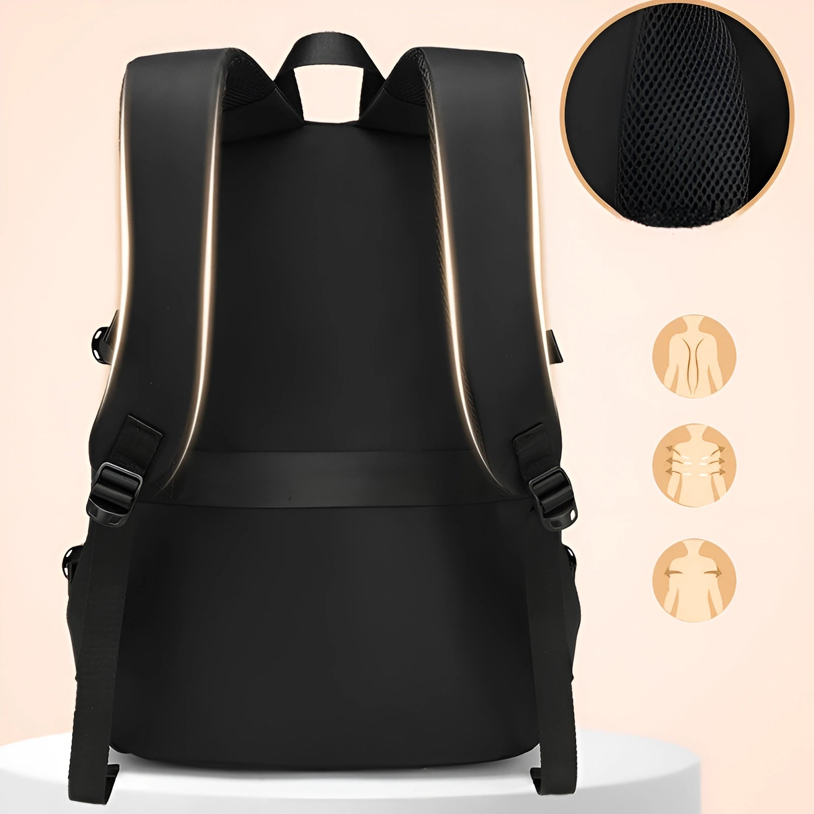Black backpack with ergonomic design features on a beige background