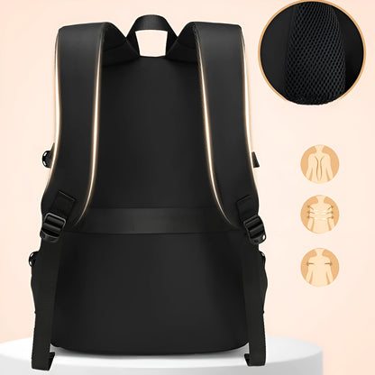 Black backpack with ergonomic design features on a beige background