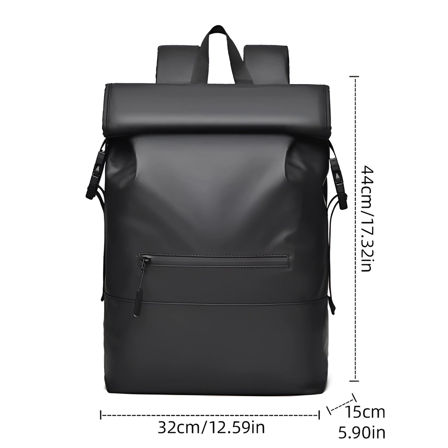 Black backpack with measurements on a white background
