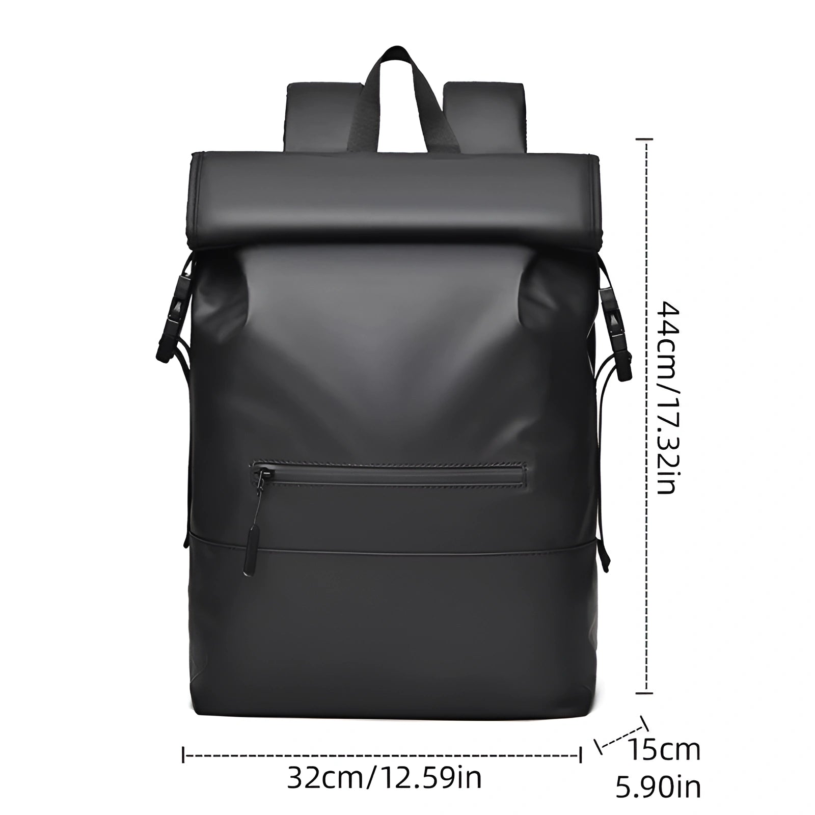 Black backpack with measurements on a white background