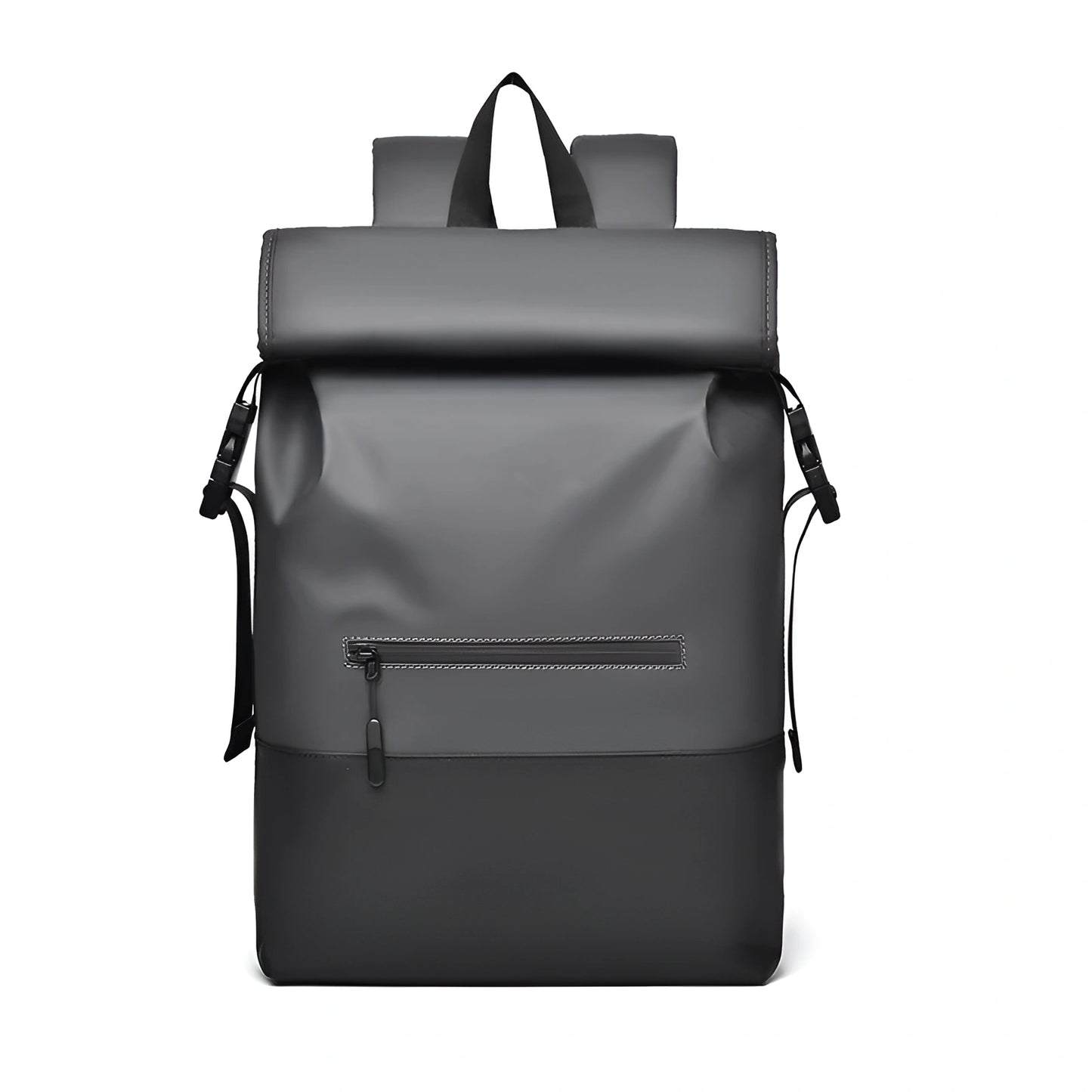 Gray backpack with a front zipper pocket on a white background