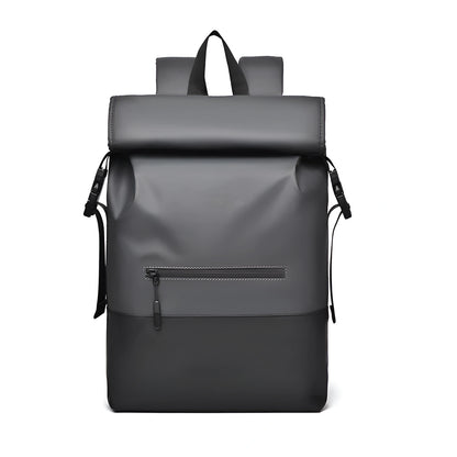 Gray backpack with a front zipper pocket on a white background