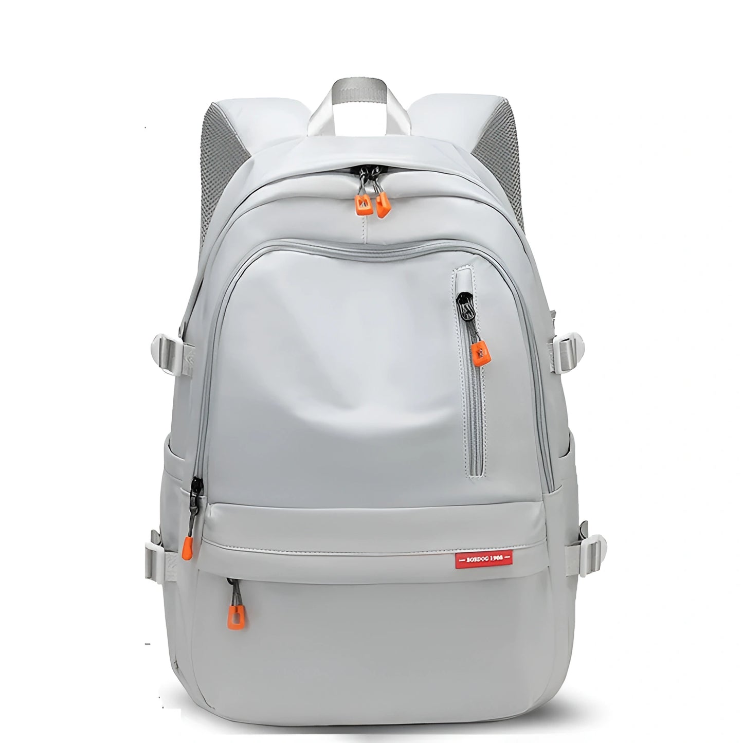 Gray backpack with orange zippers on a white background