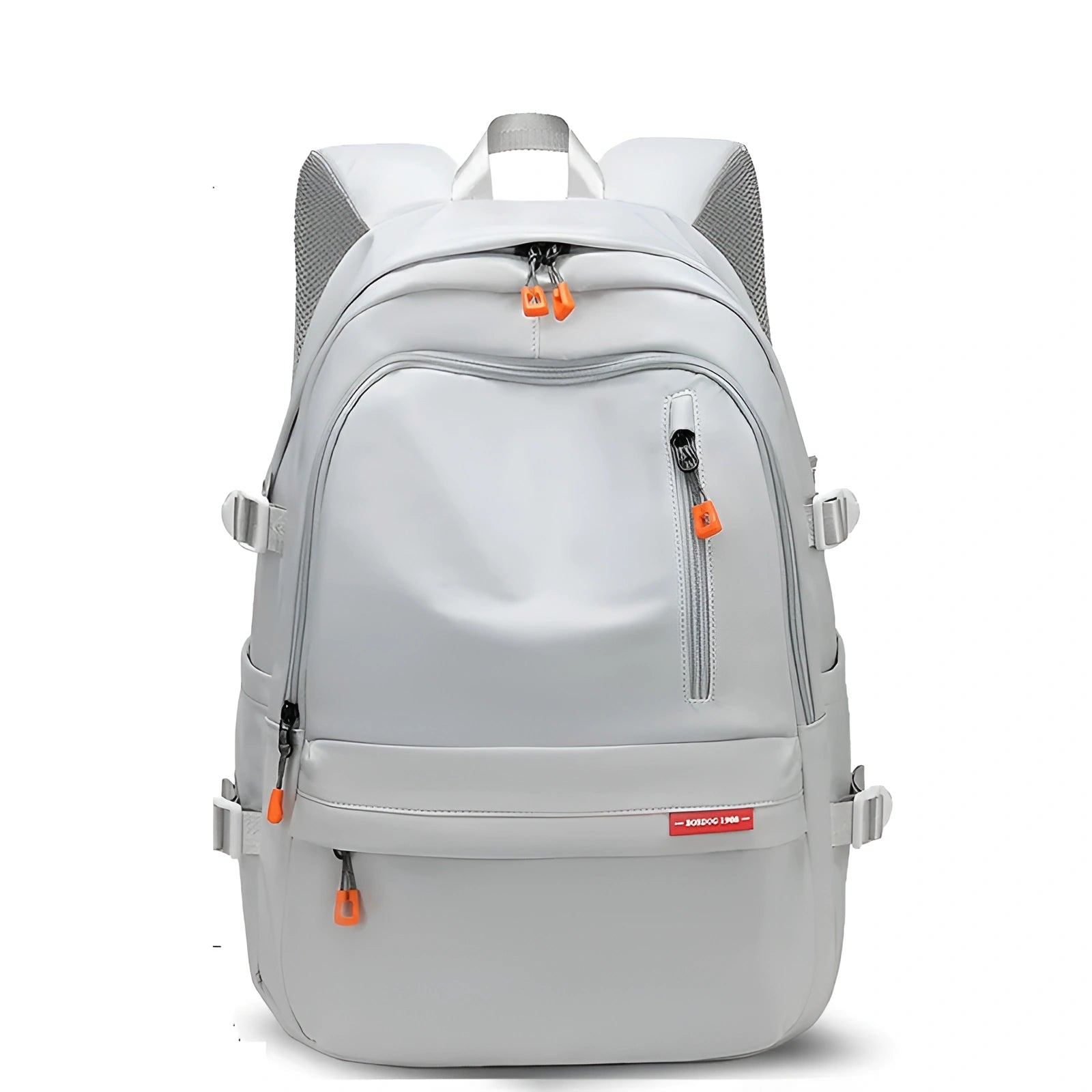 Gray backpack with orange zippers on a white background