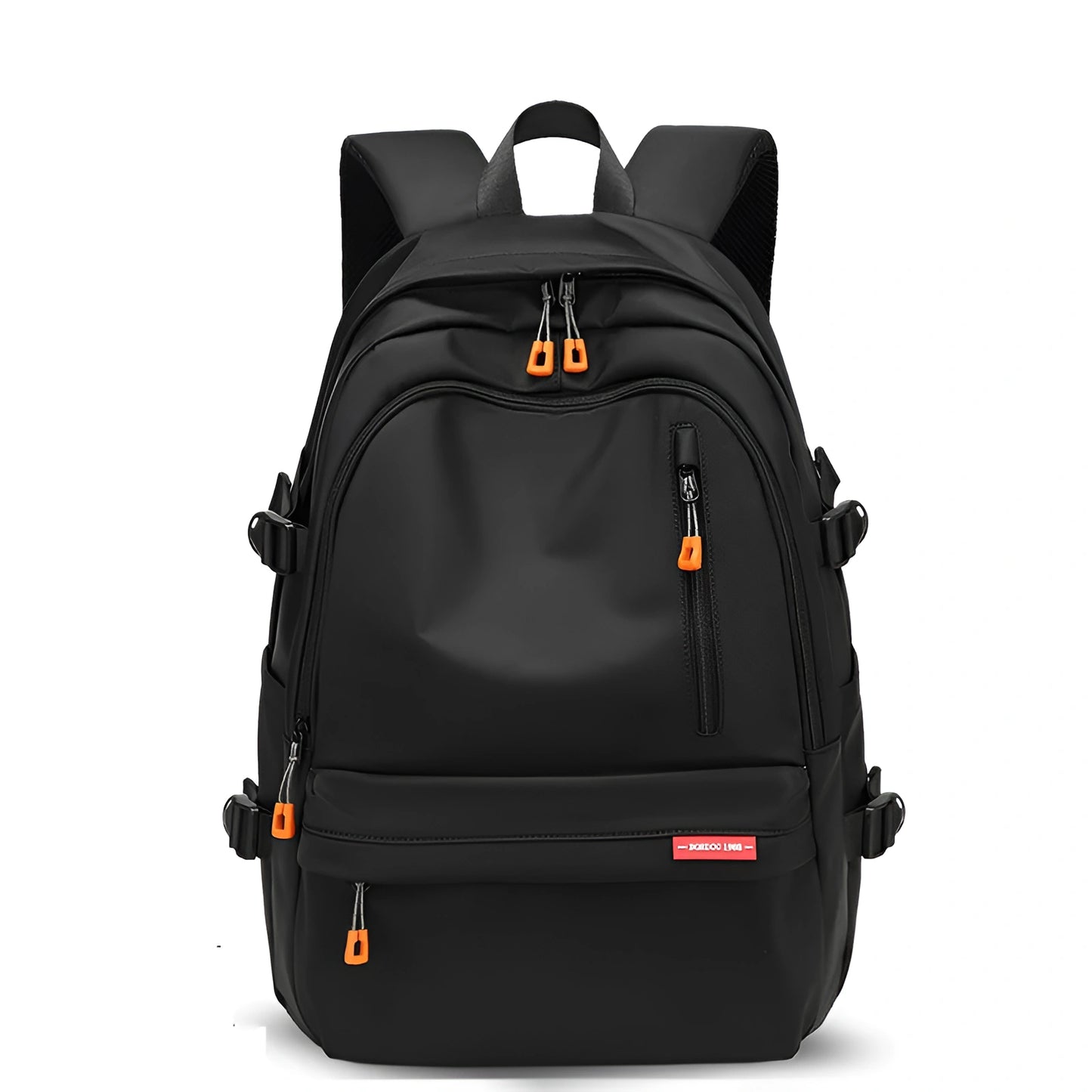 Black backpack with orange zippers on a white background