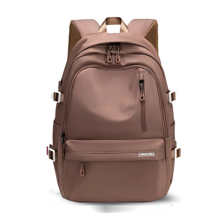 Brown backpack with gold accents on a white background