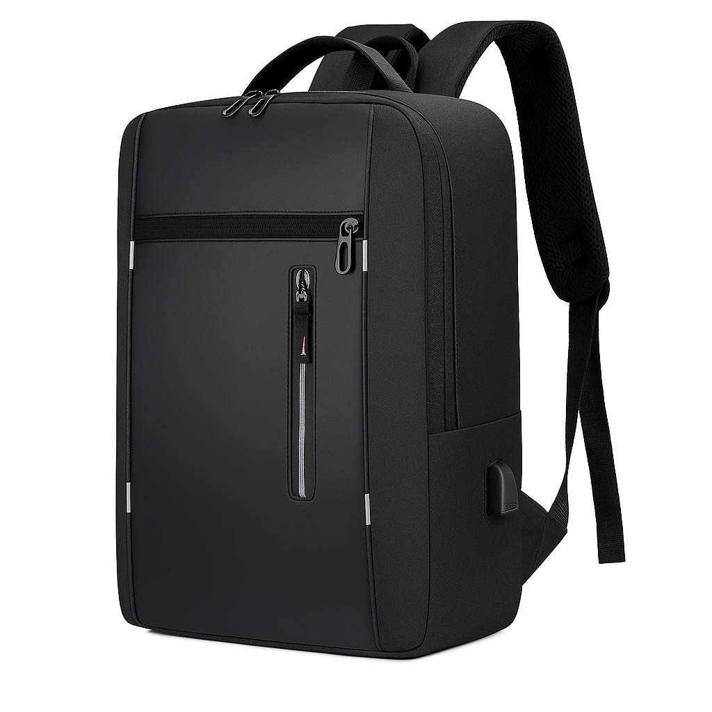 Black backpack with multiple zippers on a white background