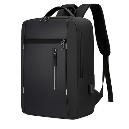 Black backpack with multiple zippers on a white background