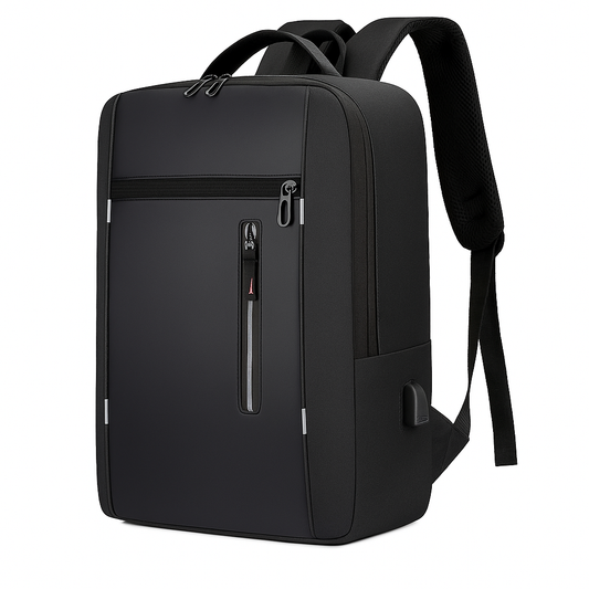 Black backpack with multiple zippers on a white background