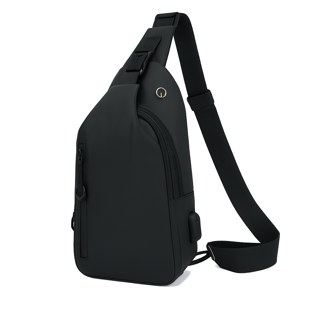 Black sling bag on a white background