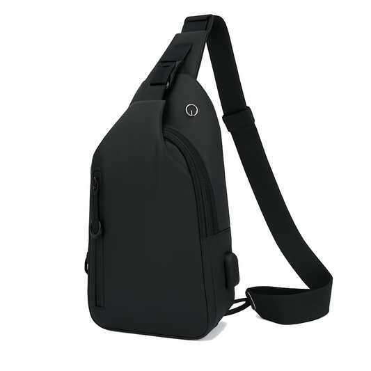 Black sling bag on a white background