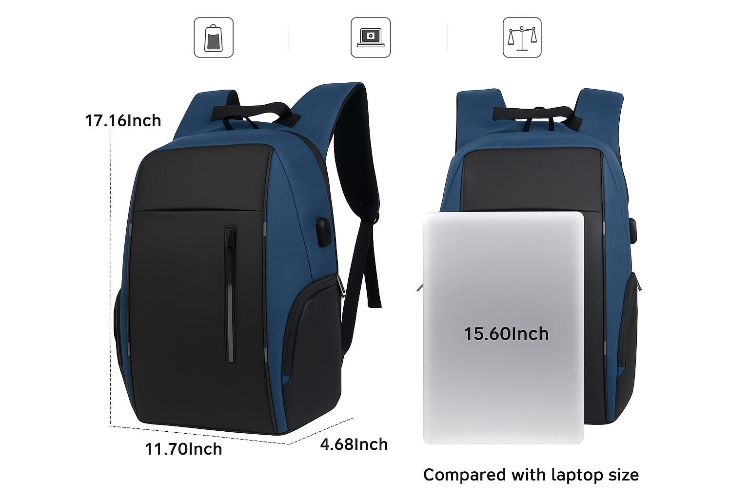 Blue and black backpack with dimensions and laptop size comparison on a white background