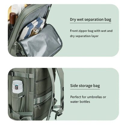 Backpack with dry wet separation bag and side storage bag features on a light green background