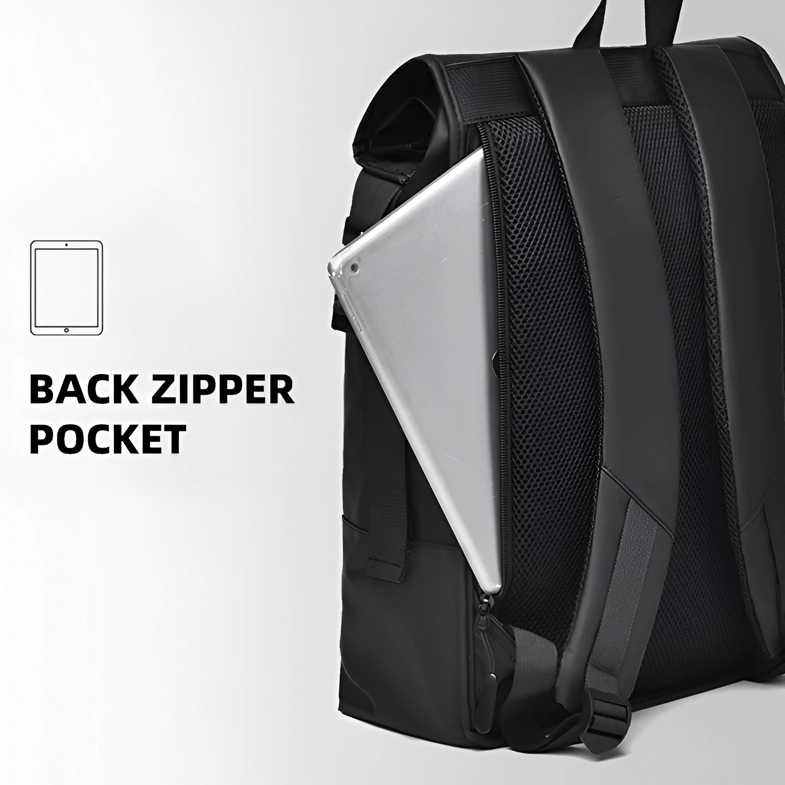 Black backpack with a back zipper pocket holding a tablet, on a white background.
