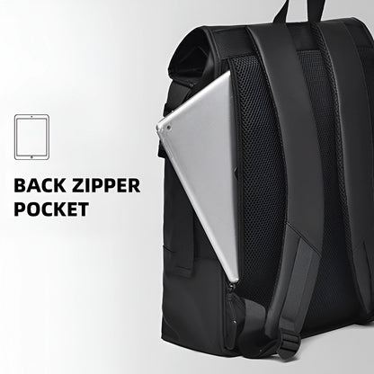 Black backpack with a back zipper pocket holding a tablet, on a white background.