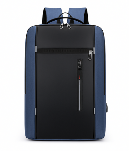 Black and blue backpack with a front pocket on a white background