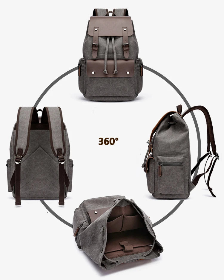 Gray backpack with brown accents shown from multiple angles on a white background
