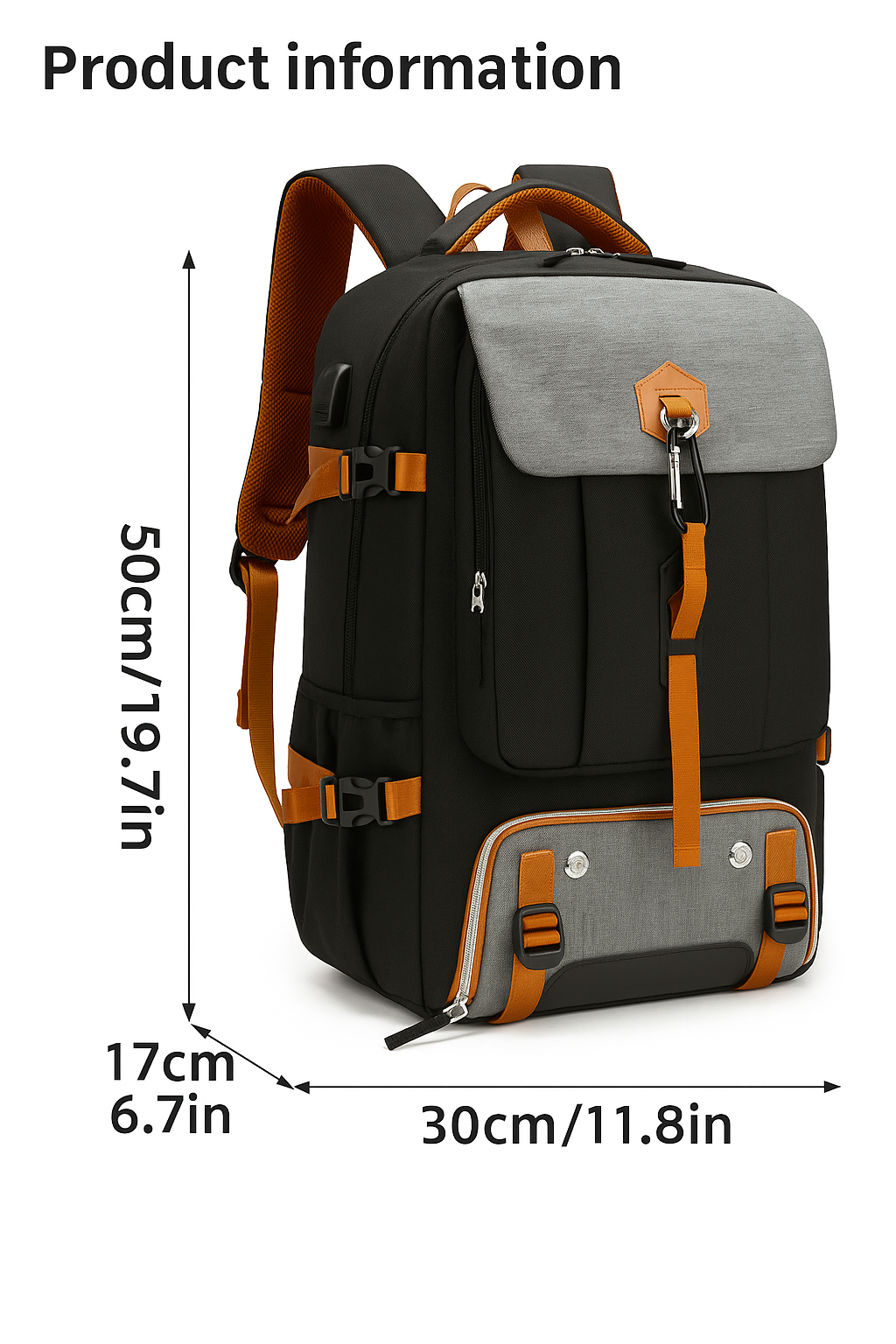 Backpack with dimensions labeled on a white background