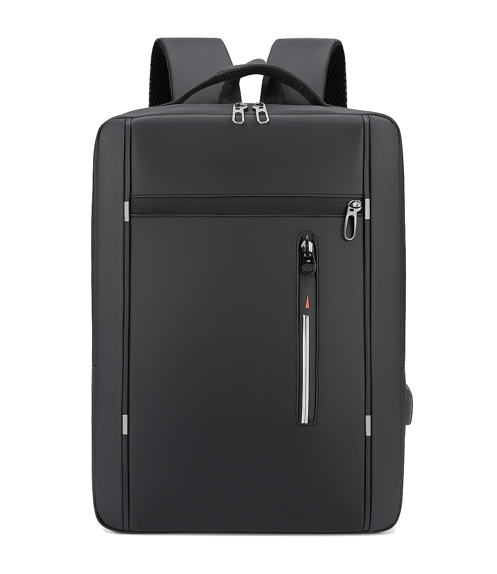 Black backpack with a front zipper pocket on a white background
