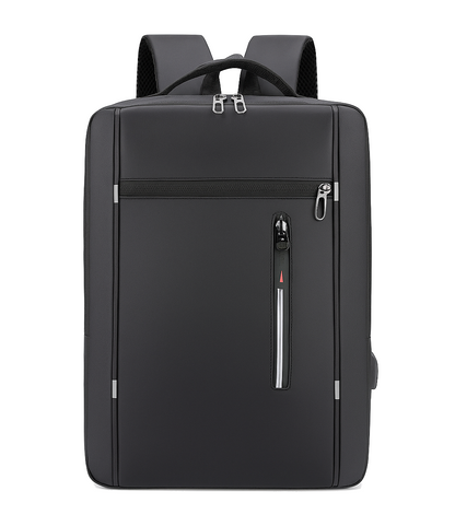 Black backpack with a front zipper pocket on a white background