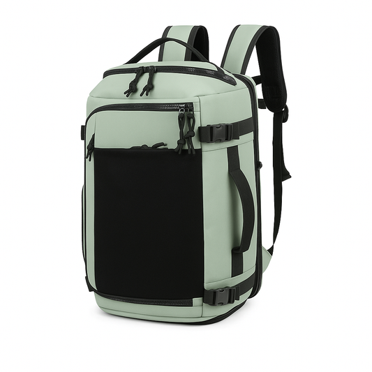 Light green and black backpack on a white background