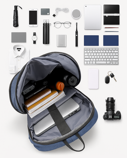 Blue backpack with various items arranged around it on a white background