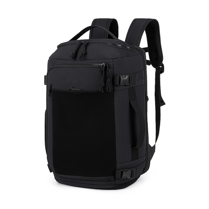Black backpack on a white background