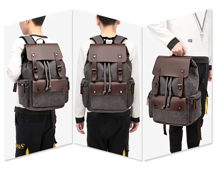 Gray backpack with brown leather accents worn by a person, shown from multiple angles.