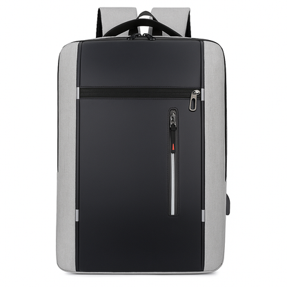 Black and gray backpack with a zipper pocket on a white background