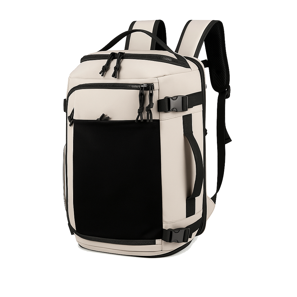 Beige and black backpack with multiple compartments on a white background