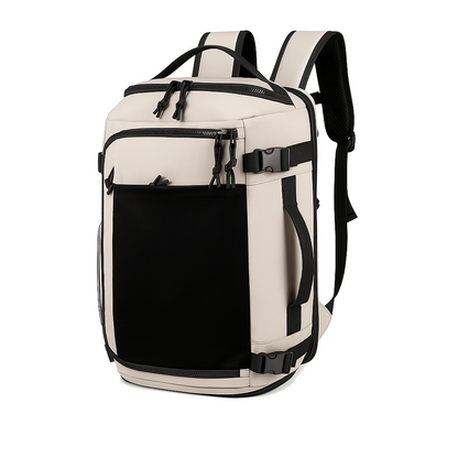 Beige and black backpack with multiple compartments on a white background