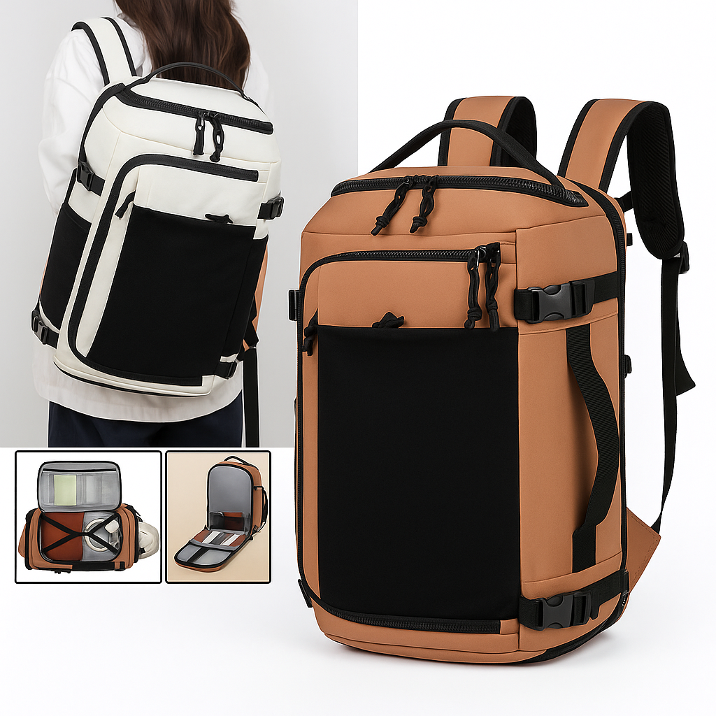 Brown backpack with black accents on a white background