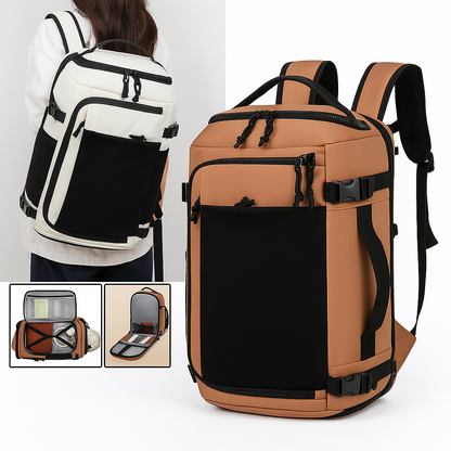 Brown backpack with black accents on a white background