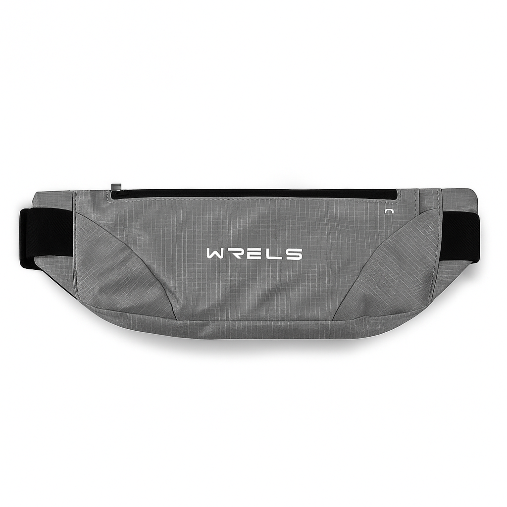Gray waist bag with black accents and 'WRELS' branding on a white background