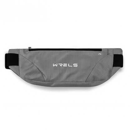 Gray waist bag with black accents and 'WRELS' branding on a white background