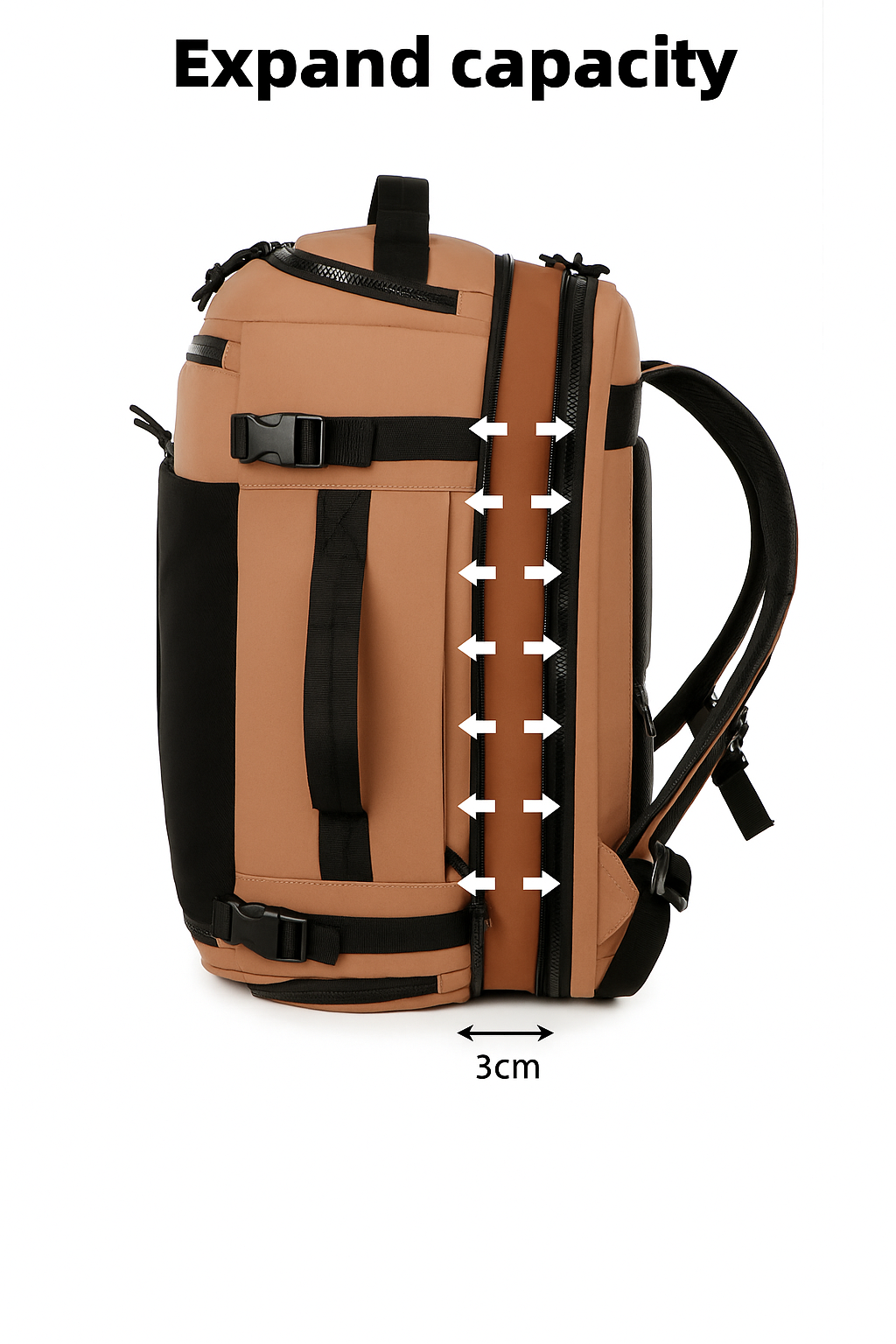 Brown backpack with black straps and expandable feature on a white background