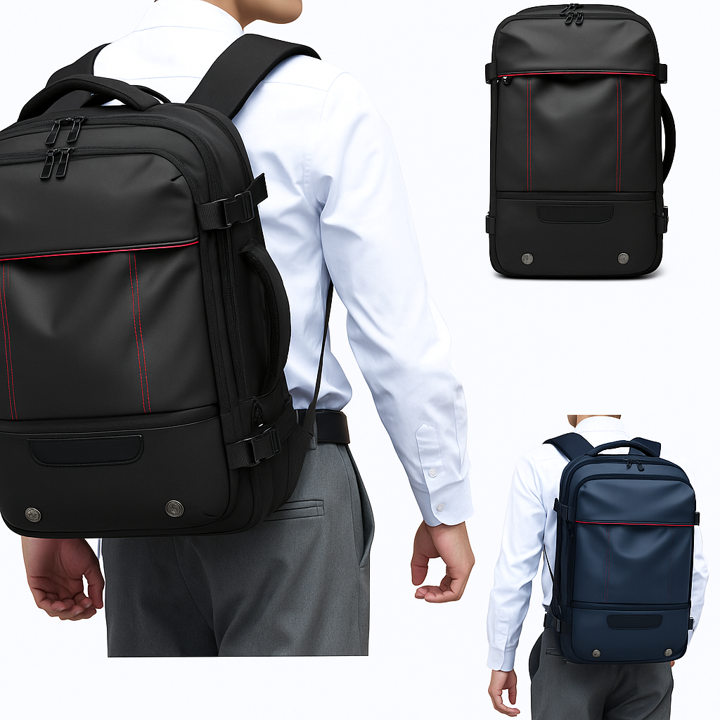 Black backpack with red accents worn by a person, shown from multiple angles on a white background.