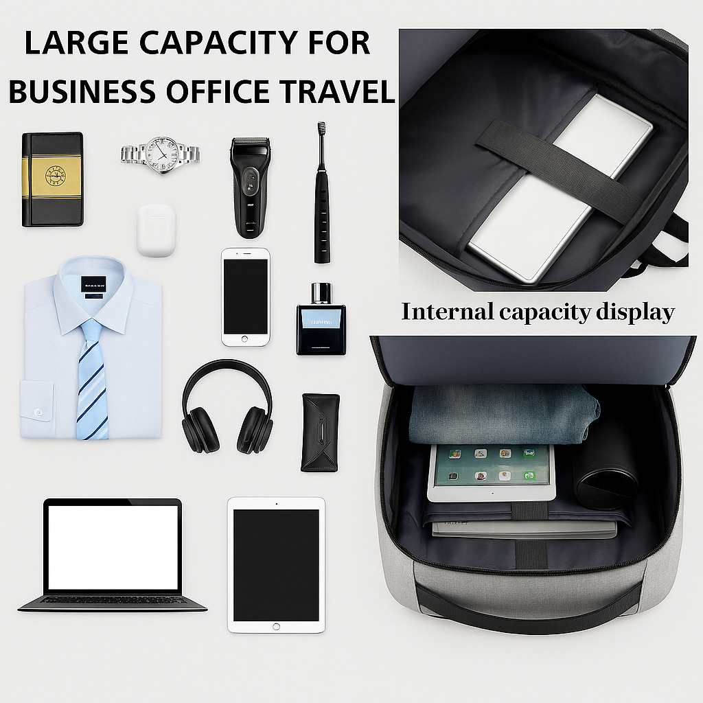 Backpack with business travel items and capacity display on a white background
