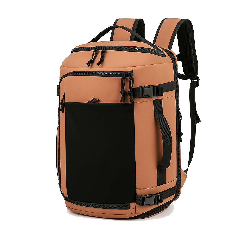 Brown and black backpack on a white background