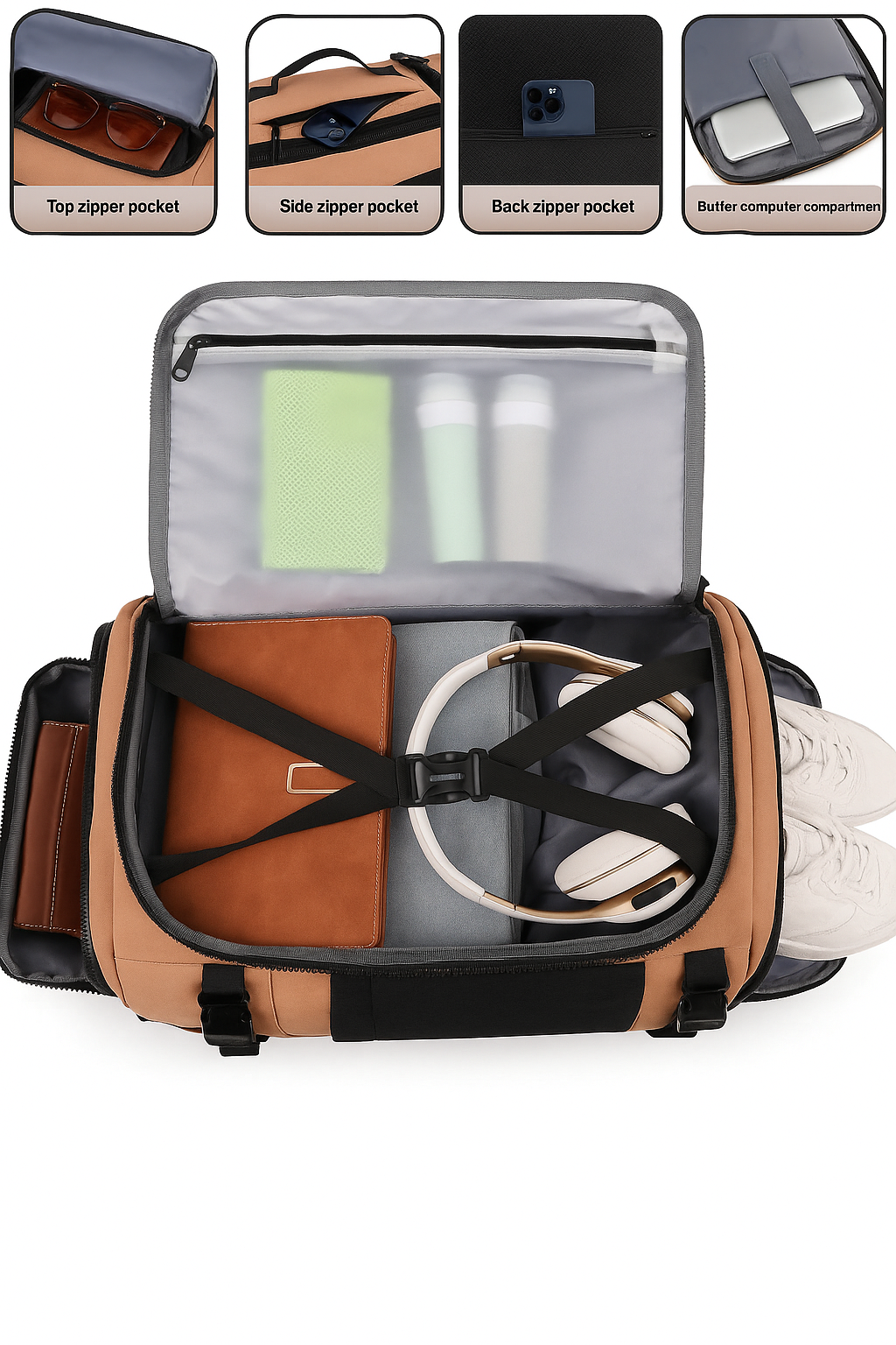 Multifunctional bag with compartments and items displayed on a white background