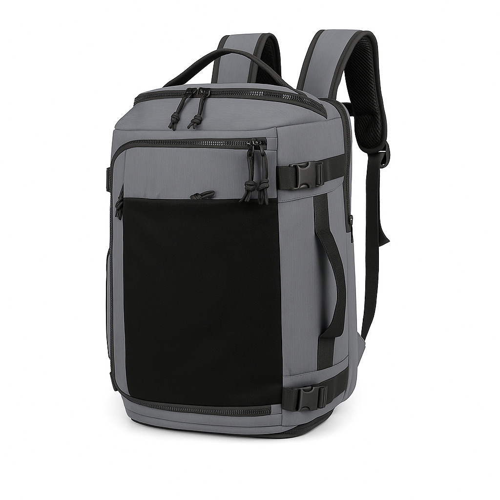 Gray and black backpack on a white background