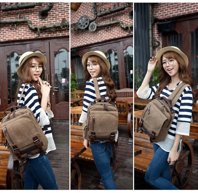 Woman wearing a straw hat and striped shirt with a brown backpack in front of a brick building.